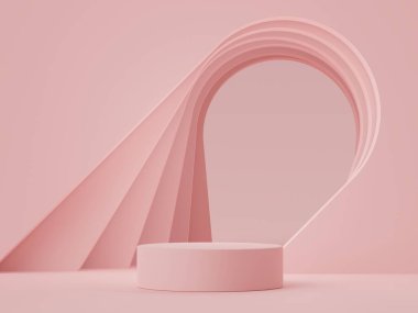 Pastel rengin, toprak tonları temalı, beyaz, boş podyumun en az üç boyutlu görüntüsü. Sönük doymuş renk. Basit geometrik şekiller tasarımı. Ürün modeli ve sunumu için modern ekran.