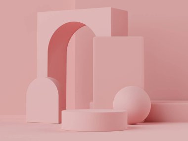 Pastel rengin, toprak tonları temalı, beyaz, boş podyumun en az üç boyutlu görüntüsü. Sönük doymuş renk. Basit geometrik şekiller tasarımı. Ürün modeli ve sunumu için modern ekran.