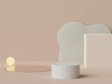 Pastel rengin, toprak tonları temalı, beyaz, boş podyumun en az üç boyutlu görüntüsü. Sönük doymuş renk. Basit geometrik şekiller tasarımı. Ürün modeli ve sunumu için modern ekran.