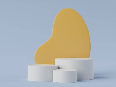 Pastel rengin, toprak tonları temalı, beyaz, boş podyumun en az üç boyutlu görüntüsü. Sönük doymuş renk. Basit geometrik şekiller tasarımı. Ürün modeli ve sunumu için modern ekran.