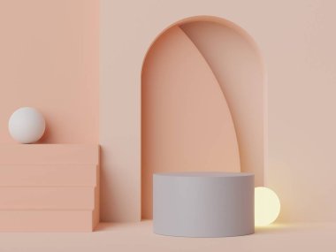 Pastel rengin, toprak tonları temalı, beyaz, boş podyumun en az üç boyutlu görüntüsü. Sönük doymuş renk. Basit geometrik şekiller tasarımı. Ürün modeli ve sunumu için modern ekran.