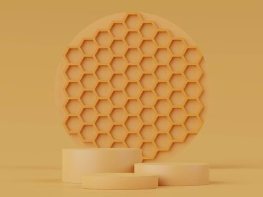 Pastel rengin, toprak tonları temalı, beyaz, boş podyumun en az üç boyutlu görüntüsü. Sönük doymuş renk. Basit geometrik şekiller tasarımı. Ürün modeli ve sunumu için modern ekran.