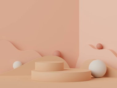 Toprak tonları renk temalı en az beyaz boş podyumun 3D görüntüsü. Ürün sunumu için gösterim standı. Makyaj ve kozmetik reklamları. Basit tasarımda silindir aşaması.