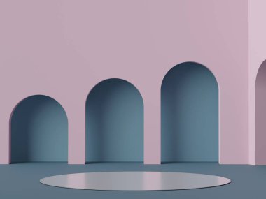 Pastel rengin, toprak tonları temalı, beyaz, boş podyumun en az üç boyutlu görüntüsü. Sönük doymuş renk. Basit geometrik şekiller tasarımı. Ürün modeli ve sunumu için modern ekran.