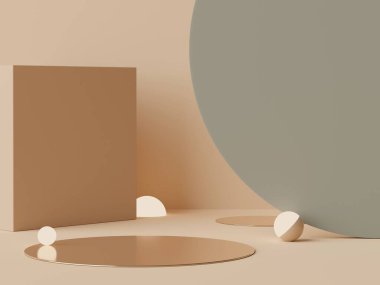 Pastel rengin, toprak tonları temalı, beyaz, boş podyumun en az üç boyutlu görüntüsü. Sönük doymuş renk. Basit geometrik şekiller tasarımı. Ürün modeli ve sunumu için modern ekran.