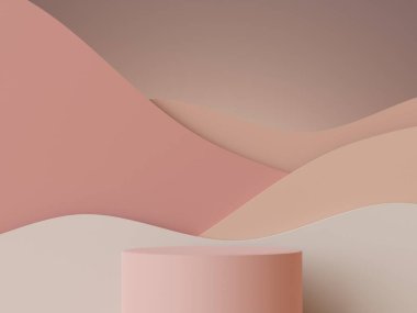 3D Dünya tonu minimum podyum, geometrik şekilli maket ve ürünleri gösteriyor. Sunum için standları göster.