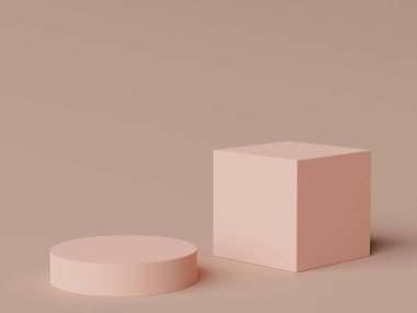 3D Dünya tonu minimum podyum, geometrik şekilli maket ve ürünleri gösteriyor. Sunum için standları göster.