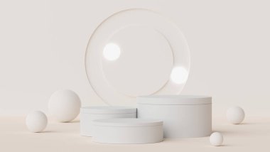 3D Dünya tonu minimum podyum, geometrik şekilli maket ve ürünleri gösteriyor. Sunum için standları göster.