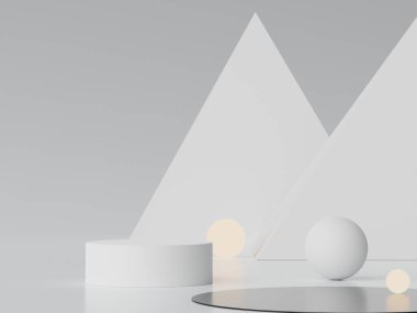 3D Dünya tonu minimum podyum, geometrik şekilli maket ve ürünleri gösteriyor. Sunum için standları göster.