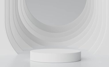 3 boyutlu geometrik şekiller oluşturuluyor. Beyaz mermer renkli boş podyum. Sunum için minimalist kaidesi ya da vitrin sahnesi. Kozmetik reklamcılık için soyut arkaplan.