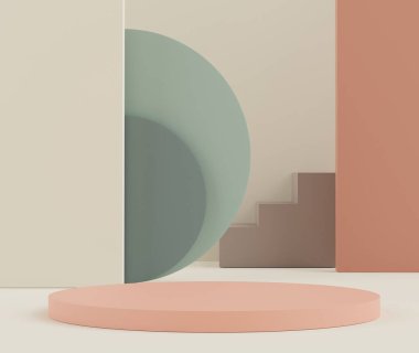 3D soyut toprak tonlama podyumu temiz arkaplanlı. Basit geometrik şekilli modern moda standları. Boş boş kaide sunumu.