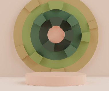 3D soyut toprak tonlama podyumu temiz arkaplanlı. Basit geometrik şekilli modern moda standları. Boş boş kaide sunumu.
