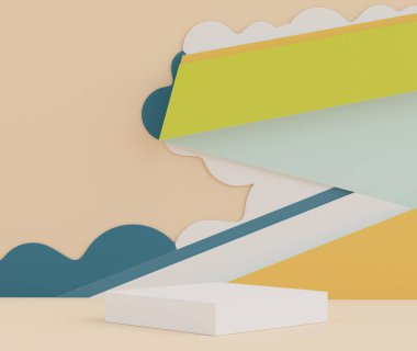 Toprak tonları renk temalı en az beyaz boş podyumun 3D görüntüsü. Ürün sunumu için gösterim standı. Makyaj ve kozmetik reklamları. Basit tasarımda silindir aşaması.