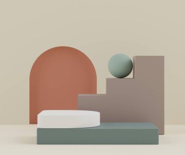 Toprak tonları renk temalı en az beyaz boş podyumun 3D görüntüsü. Ürün sunumu için gösterim standı. Makyaj ve kozmetik reklamları. Basit tasarımda silindir aşaması.