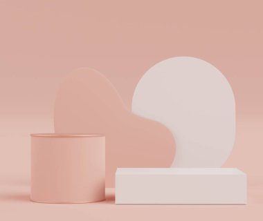 Ürünleri, kozmetik sunumları ve maketleri göstermek için 3d 'lik asgari ekran podyumu. Pastel toprak arkaplanlı gösteri sahnesi.