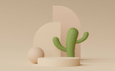 Ürünleri, kozmetik sunumunu ve kaktüs ağaçlarını sergilemek için 3D asgari gösterim podyumu. Pastel toprak tonlu gösteri sahnesi.