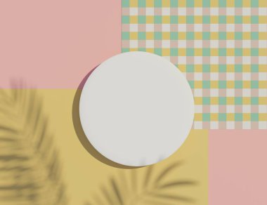 3d beyaz boş silindir çerçeve üst görünümünü maket için görüntüle ve palmiye yaprakları gölgeleri ve beyaz mavi arkaplan ile ürünleri görüntüle. Yaratıcı fikir kavramı.