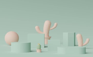 Ürünleri, kozmetik sunumunu ve kaktüs ağaçlarını sergilemek için 3D asgari gösterim podyumu. Pastel toprak tonlu gösteri sahnesi.