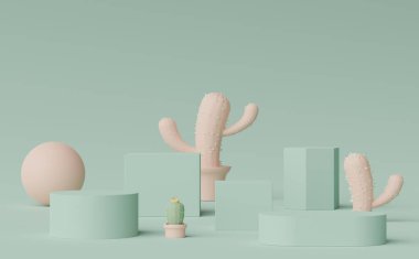 3d render of Abstract minimal  display podium for showing products, cosmetic presentation and mock up with Cactus trees. Showcase scene with pastel earth tone color. clipart