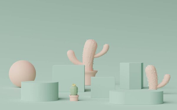 3d render of Abstract minimal  display podium for showing products, cosmetic presentation and mock up with Cactus trees. Showcase scene with pastel earth tone color.