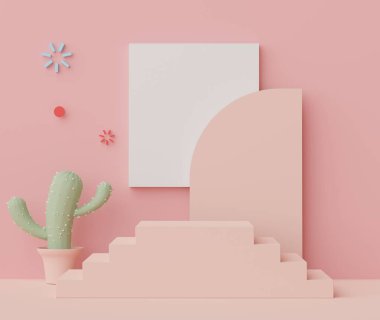 Ürünleri, kozmetik sunumunu ve kaktüs ağaçlarını sergilemek için 3D asgari gösterim podyumu. Pastel toprak tonlu gösteri sahnesi.
