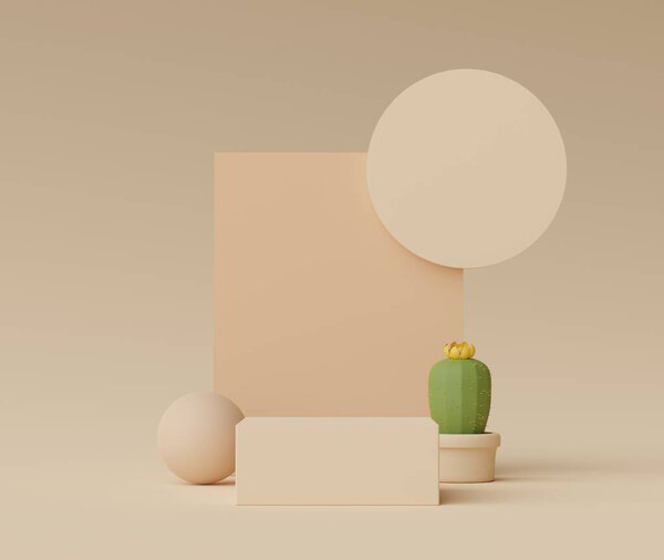 3d render of Abstract minimal  display podium for showing products, cosmetic presentation and mock up with Cactus trees. Showcase scene with pastel earth tone color.