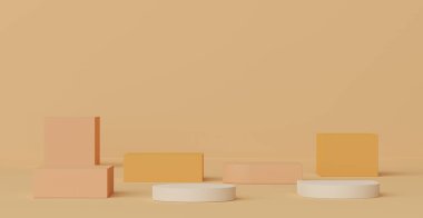 Ürünleri, kozmetik sunumları ve maketleri göstermek için 3d 'lik asgari ekran podyumu. Pastel toprak arkaplanlı gösteri sahnesi.
