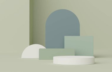 Ürünleri, kozmetik sunumları ve maketleri göstermek için 3d 'lik asgari ekran podyumu. Pastel toprak arkaplanlı gösteri sahnesi.