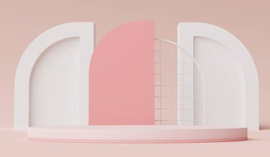 Ürünleri, kozmetik sunumları ve maketleri göstermek için 3d 'lik asgari ekran podyumu. Pastel toprak arkaplanlı gösteri sahnesi.