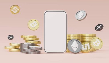 3D mini cep telefonu ya da akıllı telefonu beyaz fotokopi alanı ve kripto para birimi bitcoin, ethereum, binance ve dalgalı paralar ile çalışmak üzere tasarlayın. Şifreleme kavramını tanımla.