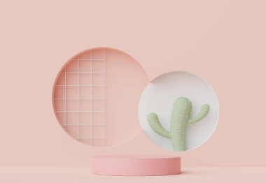 Ürünleri, kozmetik sunumunu ve kaktüs ağaçlarını sergilemek için 3D asgari gösterim podyumu. Pastel toprak tonlu gösteri sahnesi.