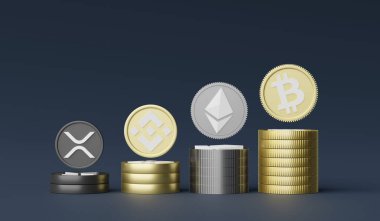 3D şifreli para yığını Bitcoin, Ethereum, Binance ve Ripple paraları. Şifreli para birimi dijital para birimi kavramı. Engelleme zincirinde yeni sanal para değişimi.