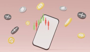 3D mini cep telefonu ya da akıllı telefonu beyaz fotokopi alanı ve kripto para birimi bitcoin, ethereum, binance ve dalgalı paralar ile çalışmak üzere tasarlayın. Şifreleme kavramını tanımla.