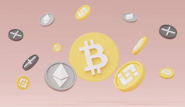 3D şifreli para yığını Bitcoin, Ethereum, Binance ve Ripple paraları. Şifreli para birimi dijital para birimi kavramı. Engelleme zincirinde yeni sanal para değişimi.