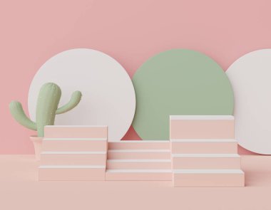 Ürünleri, kozmetik sunumunu ve kaktüs ağaçlarını sergilemek için 3D asgari gösterim podyumu. Pastel toprak tonlu gösteri sahnesi.