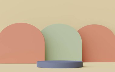 Ürünleri, kozmetik sunumları ve maketleri göstermek için 3d 'lik asgari ekran podyumu. Pastel toprak arkaplanlı gösteri sahnesi.
