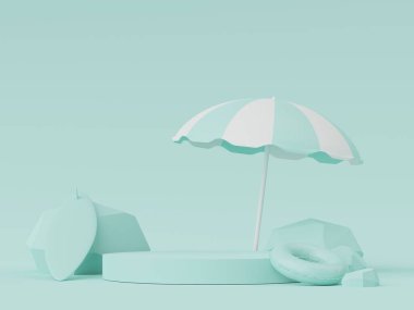Yazlık plaj sahnesiyle birlikte ürünleri veya kozmetik sunumları göstermek için 3D soyut minimal ekran podyumu. Yaz mevsimi tatil konsepti için.