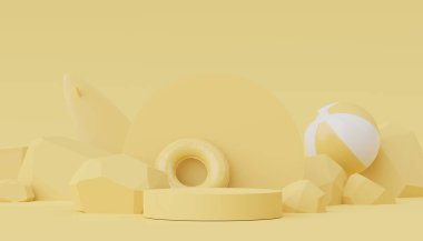 Yazlık plaj sahnesiyle birlikte ürünleri veya kozmetik sunumları göstermek için 3D soyut minimal ekran podyumu. Yaz mevsimi tatil konsepti için.