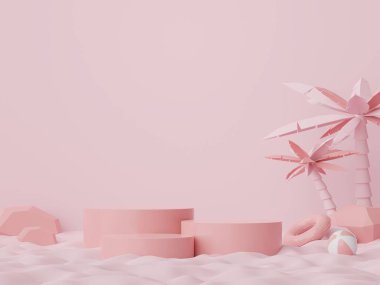 Yazlık plaj sahnesiyle birlikte ürünleri veya kozmetik sunumları göstermek için 3D soyut minimal ekran podyumu. Yaz mevsimi tatil konsepti için.