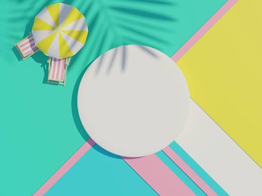 3d beyaz boş silindir çerçeve üst görünümünü maket için görüntüle ve yaz arkaplanlı palmiye yaprakları gölgeli ürünleri görüntüle. Yaratıcı fikir kavramı.