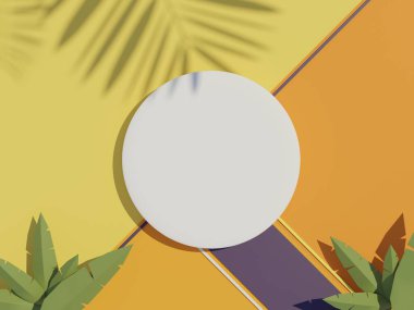 3d beyaz boş silindir çerçeve üst görünümünü maket için görüntüle ve yaz arkaplanlı palmiye yaprakları gölgeli ürünleri görüntüle. Yaratıcı fikir kavramı.