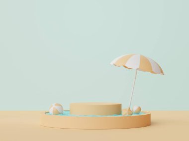 Yazlık plaj sahnesiyle birlikte ürünleri veya kozmetik sunumları göstermek için 3D soyut minimal ekran podyumu. Yaz mevsimi tatil konsepti için.
