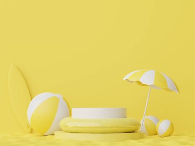 Yazlık plaj sahnesiyle birlikte ürünleri veya kozmetik sunumları göstermek için 3D soyut minimal ekran podyumu. Yaz mevsimi tatil konsepti için.
