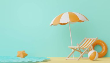 Yazlık plaj sahnesiyle birlikte ürünleri veya kozmetik sunumları göstermek için 3 boyutlu görünüm. Yaz mevsimi tatil konsepti için.