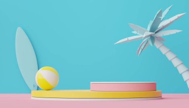 Yazlık plaj sahnesiyle birlikte ürünleri veya kozmetik sunumları göstermek için 3D soyut minimal ekran podyumu. Yaz mevsimi tatil konsepti için.
