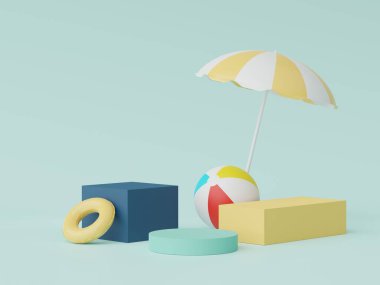 Yazlık plaj sahnesiyle birlikte ürünleri veya kozmetik sunumları göstermek için 3D soyut minimal ekran podyumu. Yaz mevsimi tatil konsepti için.