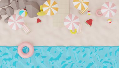 Yazlık plaj sahnesiyle birlikte ürünleri veya kozmetik sunumları göstermek için 3 boyutlu görünüm. Yaz mevsimi ve plaj tatili konsepti.