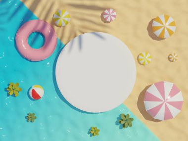 3d beyaz boş silindir çerçeve görüntüsünü yazın sahnesi ve palmiye yapraklarının gölgesi olan ürünlere dönüştür. Yaz mevsimi geçmişi ve plaj tatili konsepti.