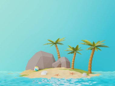 Yazlık plaj sahnesiyle birlikte ürünleri veya kozmetik sunumları göstermek için 3 boyutlu görünüm. Yaz mevsimi ve plaj tatili konsepti.