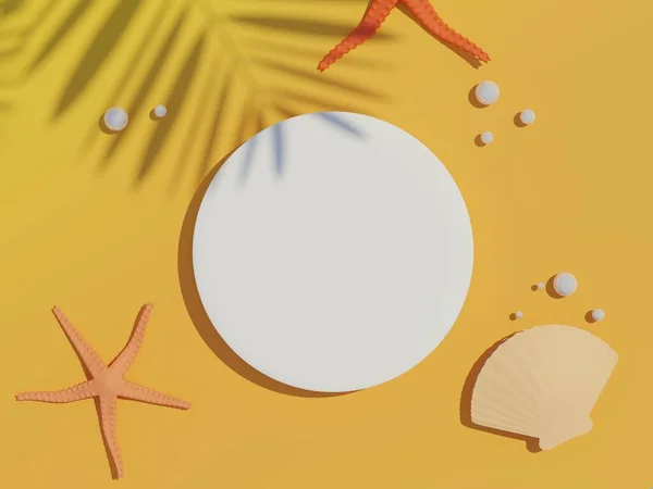 三维渲染白色空白圆筒框架的顶部视图 用于模拟和显示具有夏季海滩场景和棕榈叶阴影的产品 具有海滩度假概念的夏季背景 — 图库照片